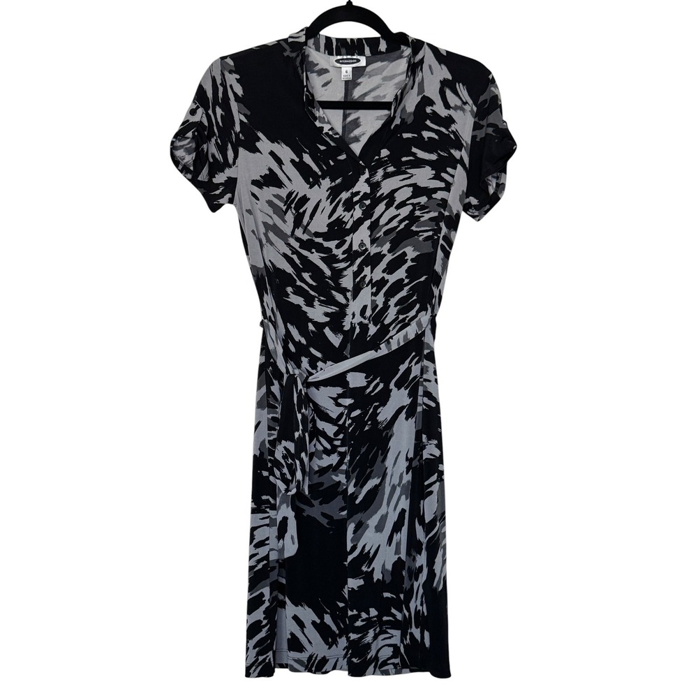 Black Grey Abstract Print Button Front Belted Shirt Dress Size 6 Edgy Prep